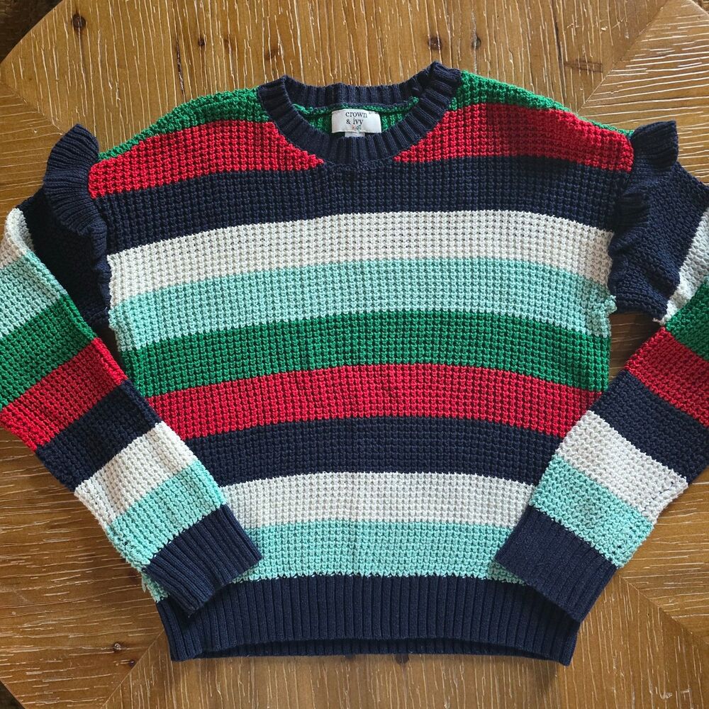Crown & Ivy Kids Medium Multicolor Striped Knit Sweater Cozy Cotton Blend 0691